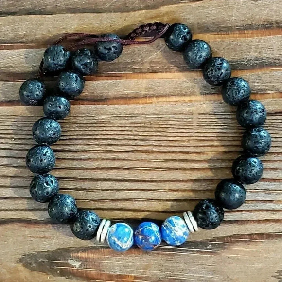 Hand Crafted Chakra Bracelet Blue Aqua Terra Jasper Black Lava - Picture 6 of 7